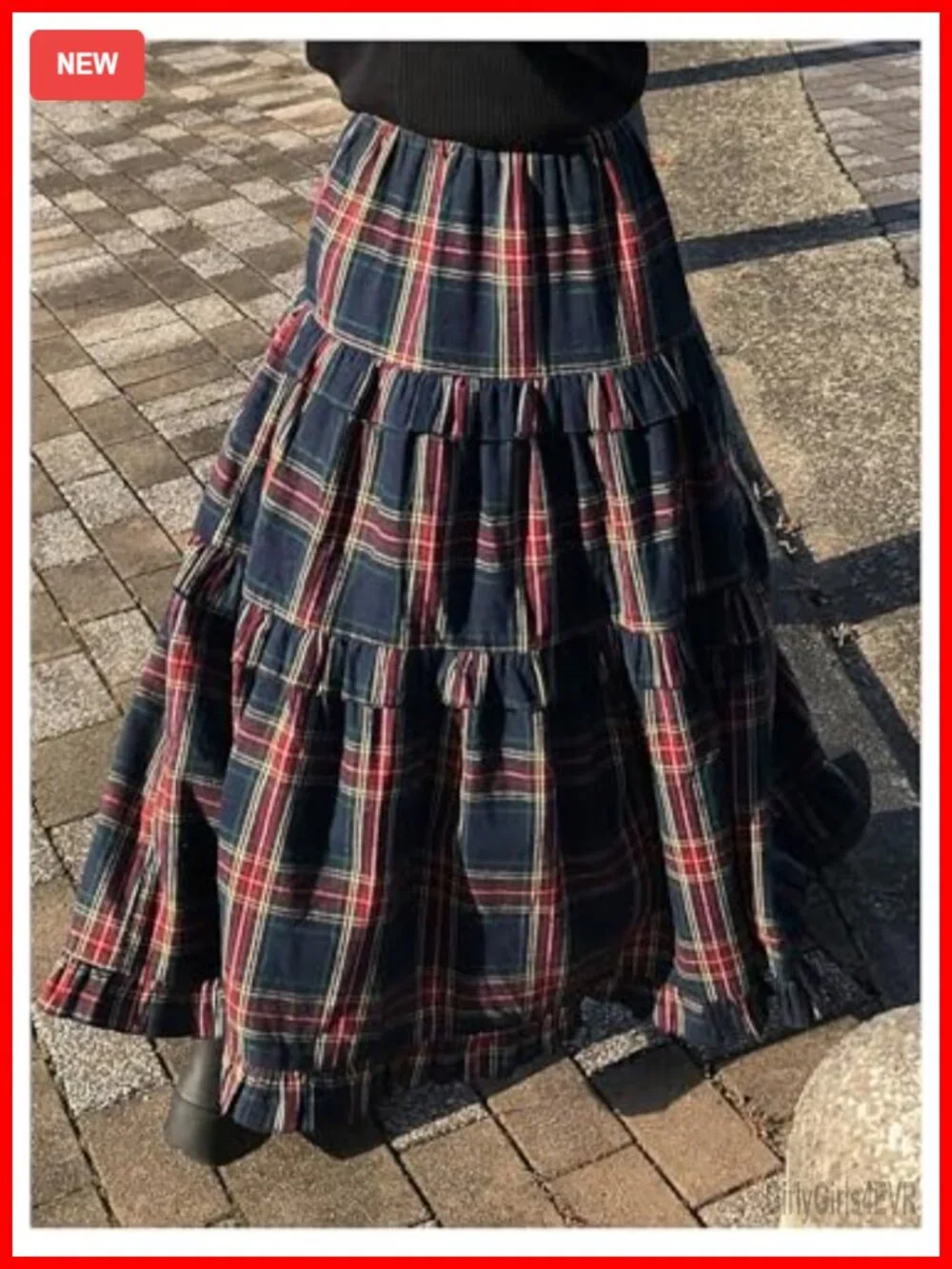 Women's Plaid Maxi Skirt Tiered Ruffle A-Line Flowy Long Elastic High Waist